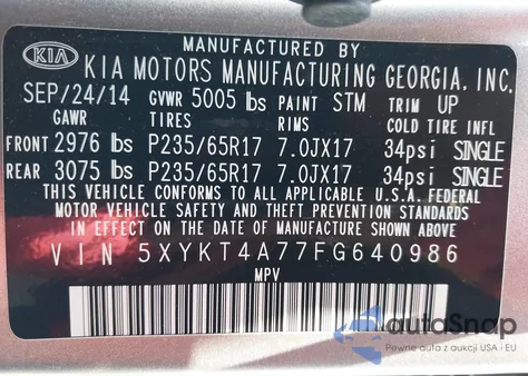 2015 Kia Sorento Lx V6 z USA, uszkodzony, nr VIN 5XYKT4A77FG640986